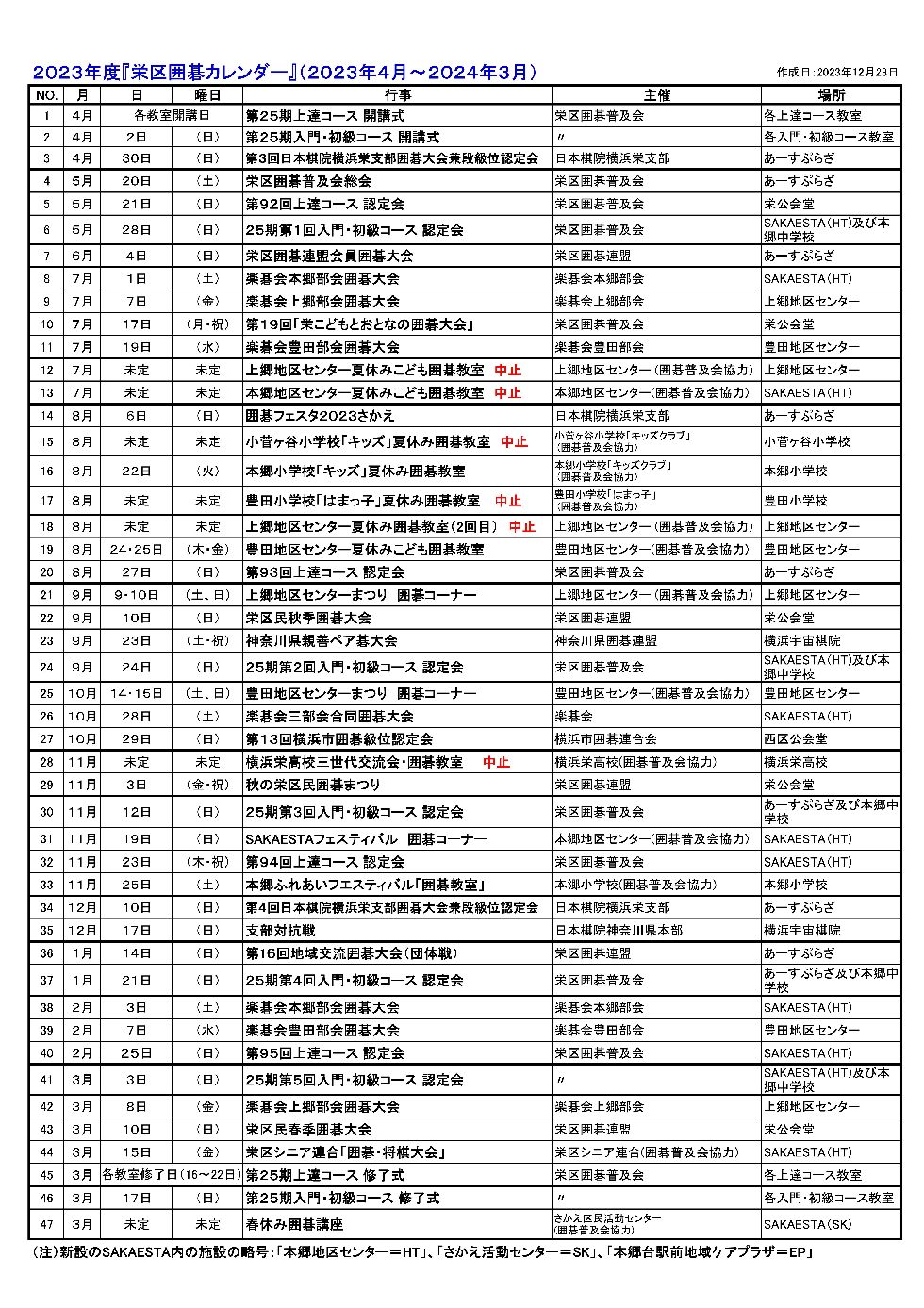 栄区囲碁カレンダー